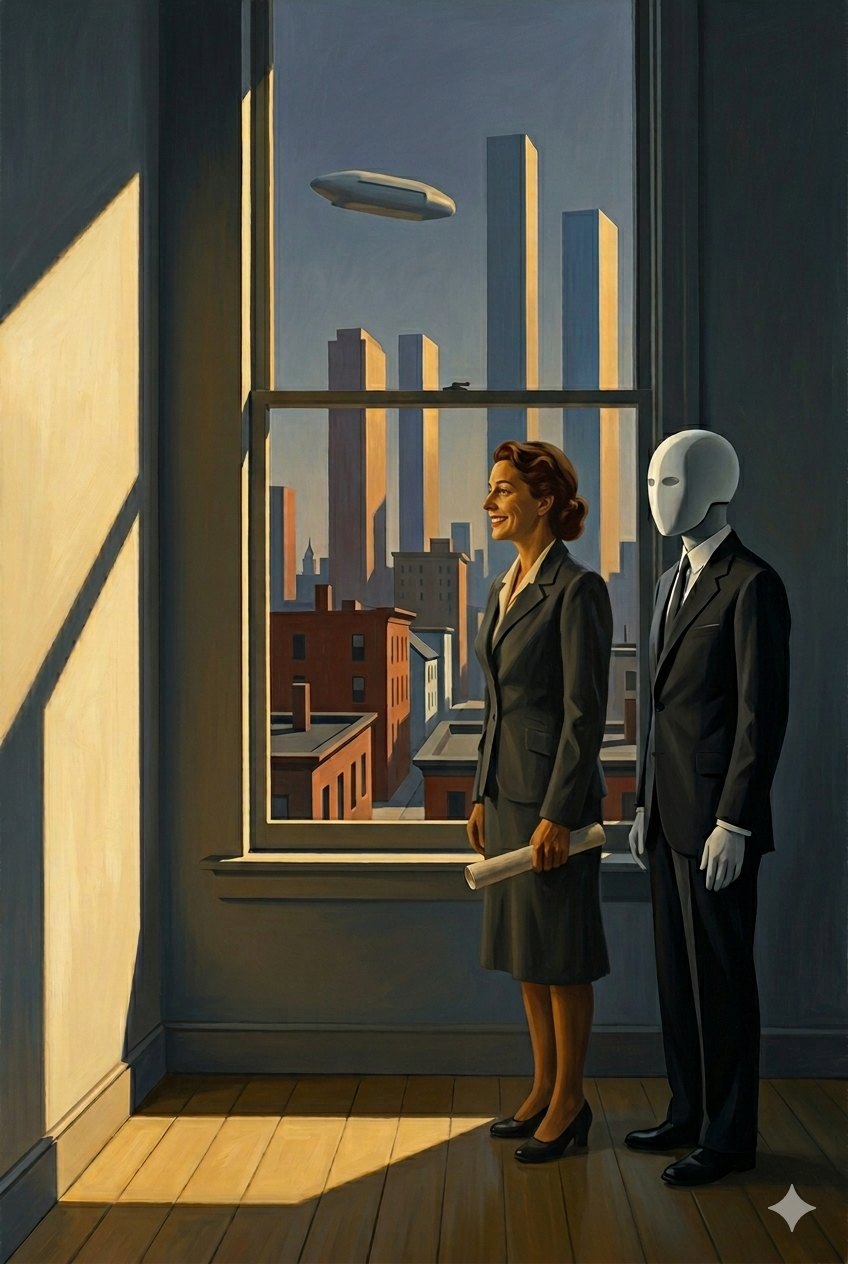 Edward Hopper-style painting: a lawyer and a white-headed AI assistant at an office window overlooking a sunlit city skyline